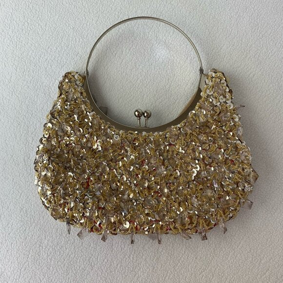 Prezzo Women's Gold Sequined Jeweled Cocktail Party Evening Purse Bag - Picture 4 of 9